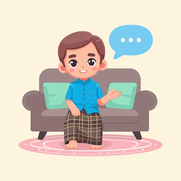 Muslim boy sitting on sofa waving hand with chat box