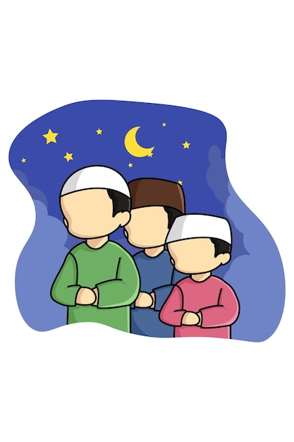 Muslim boys praying tarawih cartoon illustration