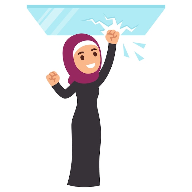 Muslim business woman breaking glass ceiling cartoon vector illustration