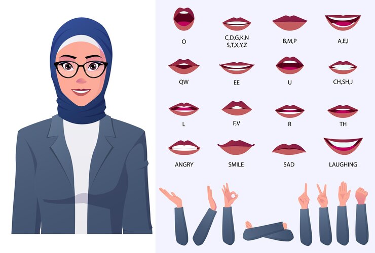  Muslim business woman mouth animation, lip-sync, emotions, and hand gestures premium vecor