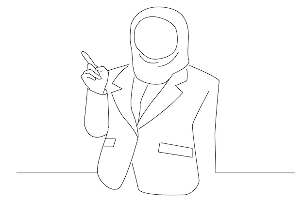 Мусульманская деловая женщина, указывающая пальцем на пустое пространство, стиль рисования Oneline art