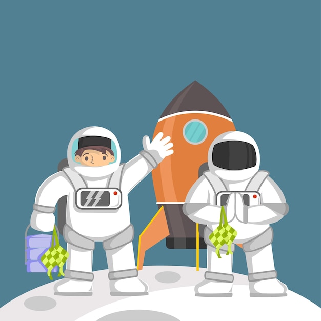 Muslim cartoon in astronaut clothes saying happy eid mubarak