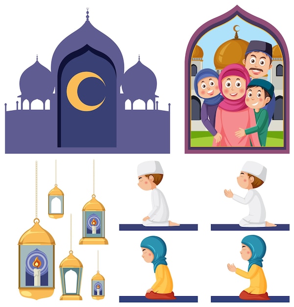 Vector muslim cartoon characters and objects vector