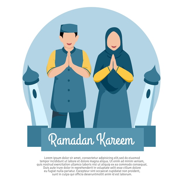 Muslim character illustration give greeting. Ramadan greeting design template