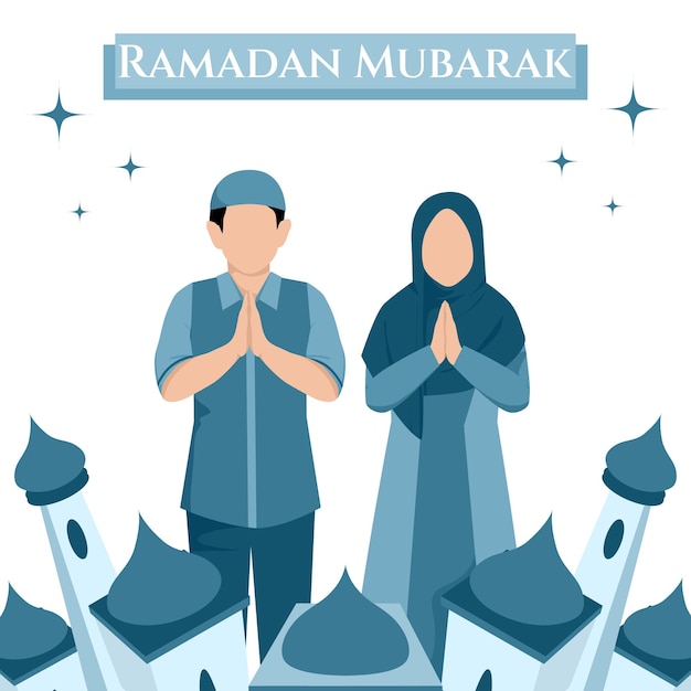 Muslim character and mosque illustration. Ramadan template post for social media