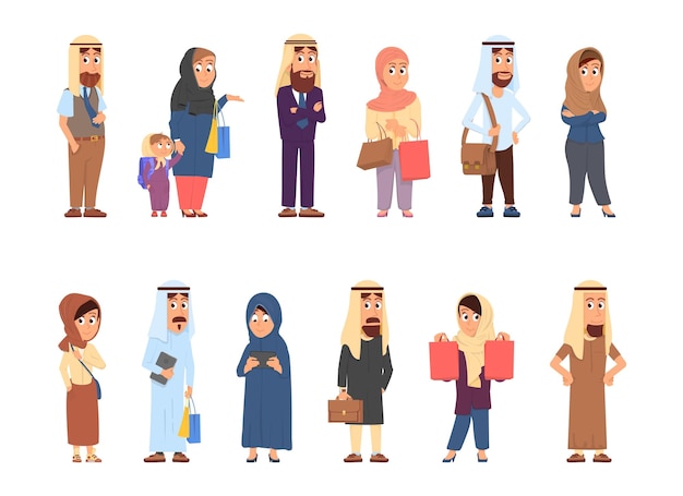 Vector muslim characters arab businesswoman arabic businessman people wear traditional islamic clothing hijab male and female diverse decent vector set