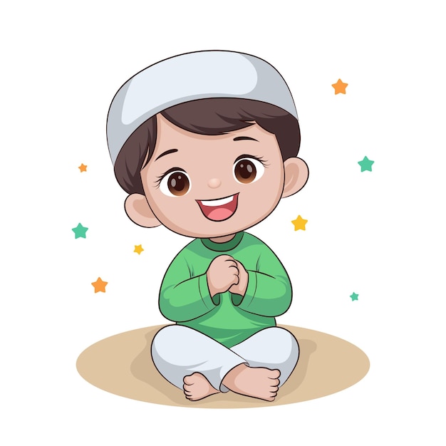 Вектор Мусульманский ребенок сидит скрещенными ногами, носит шапку и мусульманскую одежду, сидит и молится.