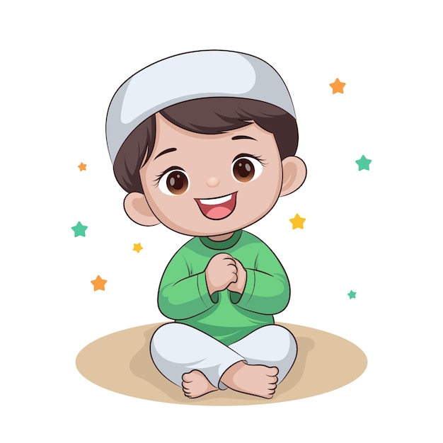 イスラム教徒の子供が足を交差して座って頭蓋骨をかぶってイスラム教の服を着て座って祈っています