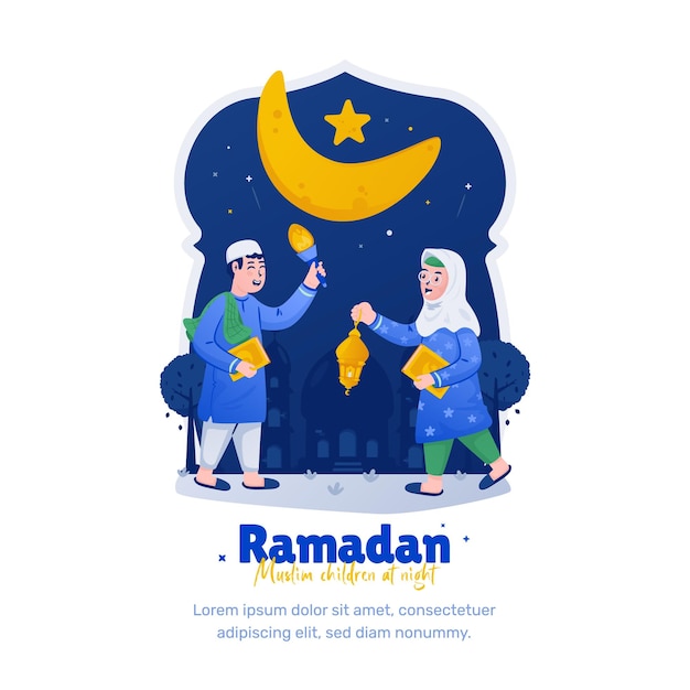 ラマダンの夜に遊ぶイスラム教徒の子供たちのイラスト