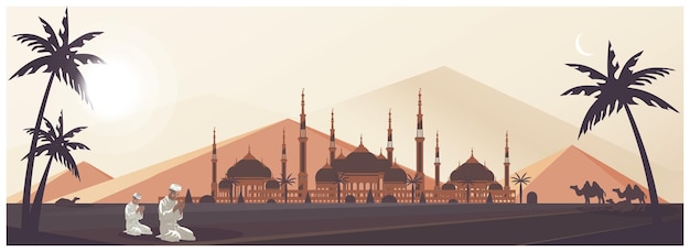 Vector muslim city  fasting praying in ramadan fasting and breaking during ramadan scenereligious vector