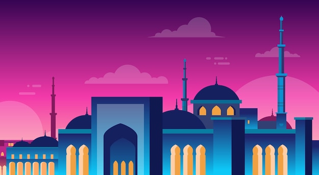 Vector muslim cityscape nabawi mosque building religion night view