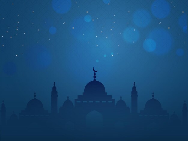Vector muslim community festival concept with silhouette mosque bokeh lights effect on blue islamic pattern background and copy space