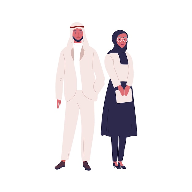 Vettore coppia musulmana di persone arabe che indossano abiti tradizionali moderni. donna in tablet della holding del hijab. uomo saudita o emiratino in abiti orientali e kufiya. piatto del fumetto di vettore isolato su bianco.