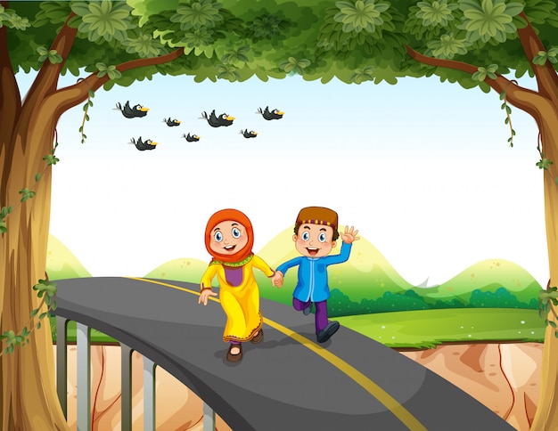 Muslim couple crossing a bridge