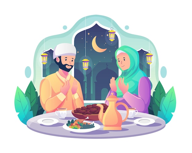 Muslim couple praying together before having iftar after fasting during Ramadan Kareem illustration