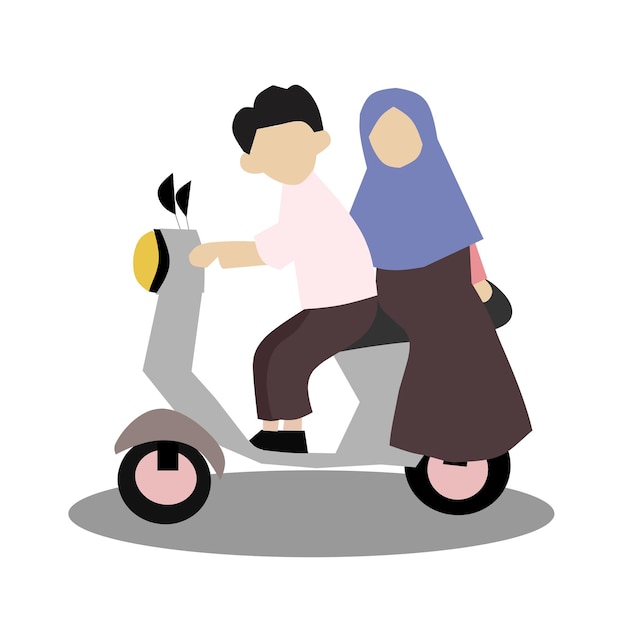 Muslim couple riding motorcycle illustration