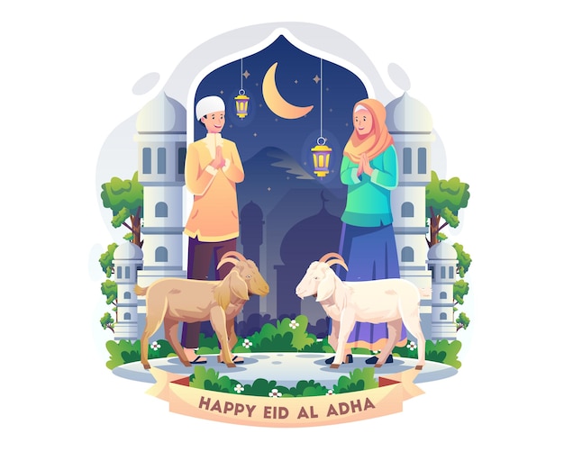 Coppia musulmana dicendo felice eid al adha per celebrare la festa del sacrificio qurban