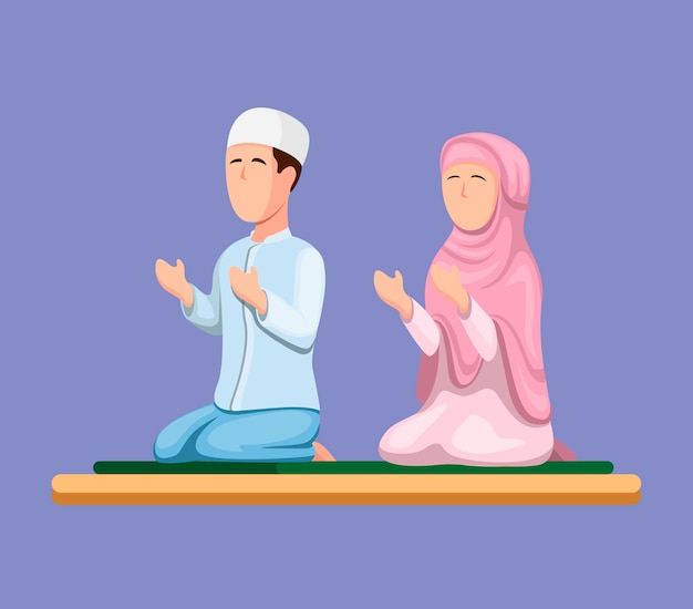 Muslim couple sitting and praying. islam religion people in cartoon illustration