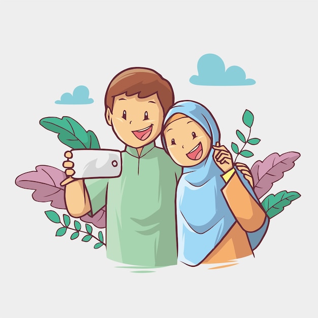 Vector muslim couple taking romantic self portrait together with cell phones hand drawn art