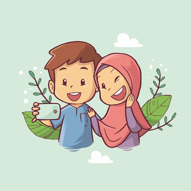 携帯電話と一緒にロマンチックな自画像を撮るイスラム教徒のカップル手描きアート