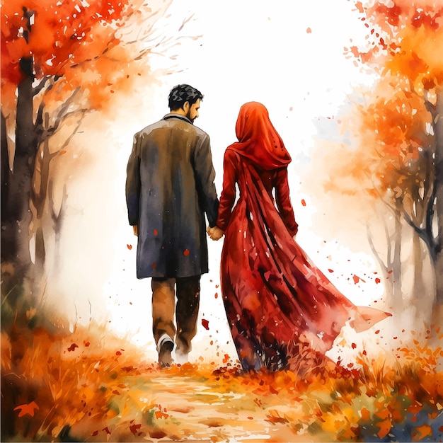 Muslim couple walking in autumn nature watercolor paint