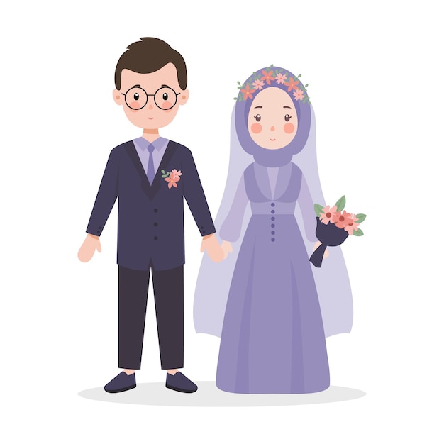 紫色のドレスフラットベクトルのイスラム教徒のカップルの結婚式のキャラクター