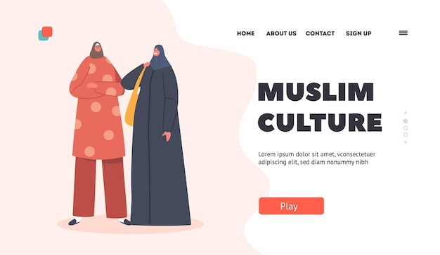 Muslim Culture Landing Page Template Saudi or Emirates Arabic Women Wear Traditional Dress Arabian Female Characters