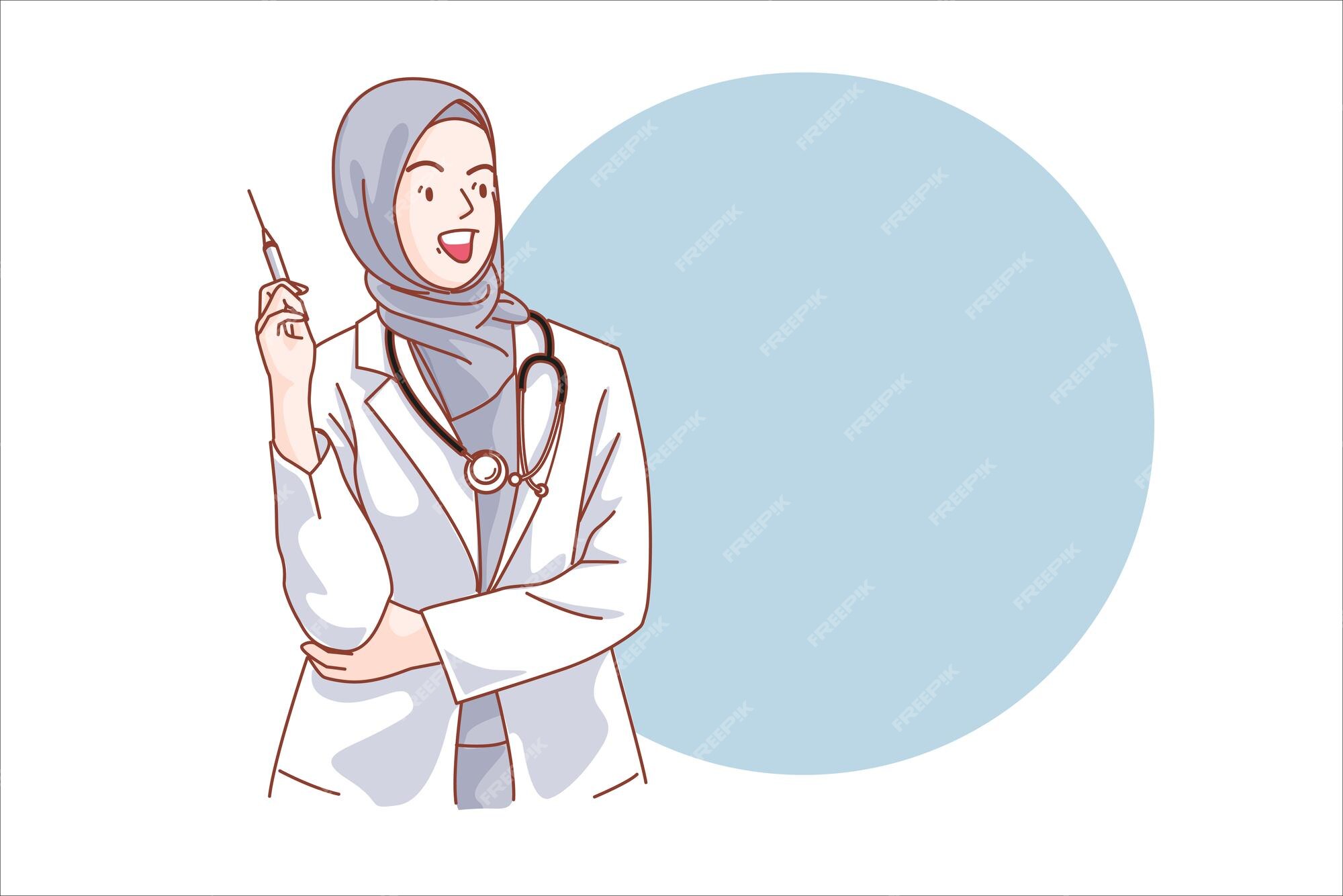 Premium Vector | Muslim doctor personality, friendly smiling medical staff. in white coat. vector cartoon. Premium Vector | Muslim doctor personality, friendly smiling medical staff. in white coat. vector cartoon.