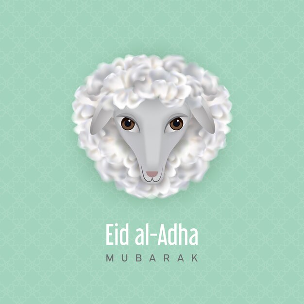 Vector muslim  eid al adha holiday greeting card with sheep. cute sheeps head with a puffy curly white wool on a light green background