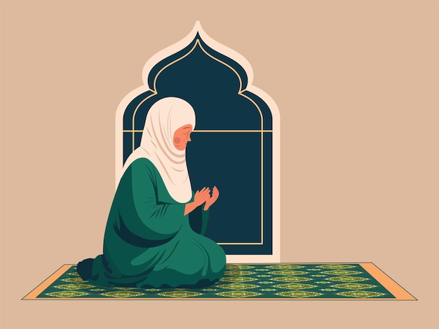 Vector muslim elderly woman character offering prayer namaz on mat and copy space islamic religious concept