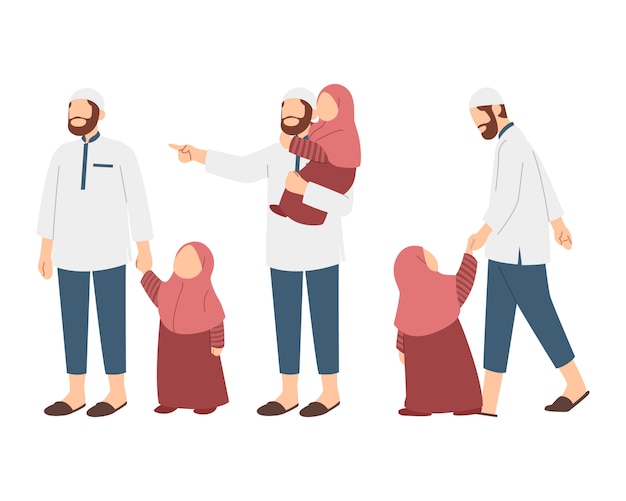 ベクトル イスラム教徒の家族と父と娘のキャラクターセット