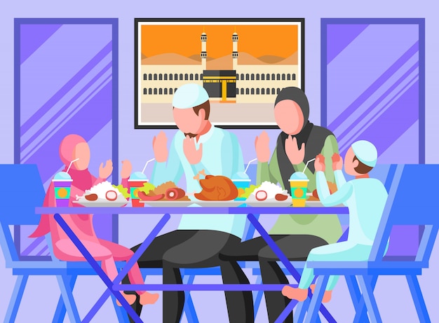 Una famiglia musulmana che rompe il digiuno del ramadan a casa