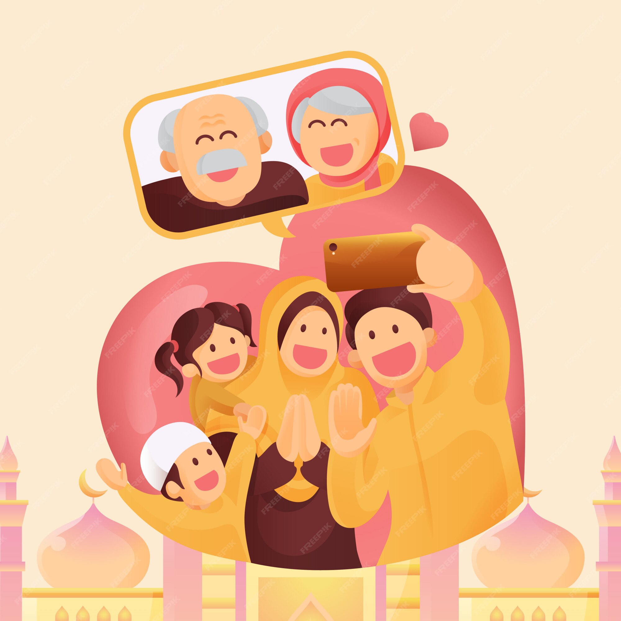 Premium Vector | Muslim family contact their elder or parents in smartphone  video call to show their love in eid mubarak celebration