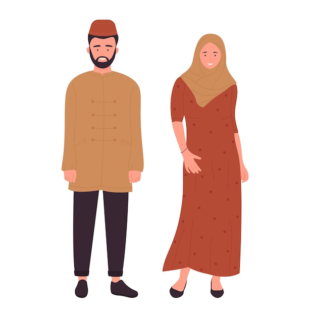 Vector muslim family or couple people arabian young husband and wife standing together