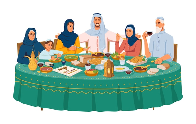 Muslim family at dinner iftar or ramadan holiday