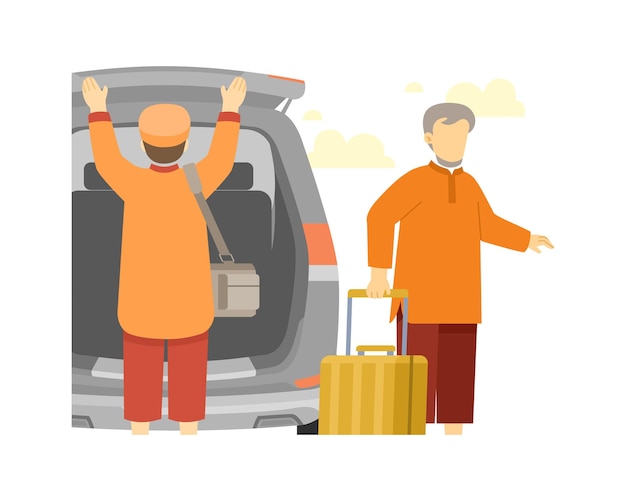 Muslim family going on vacation by car illustration