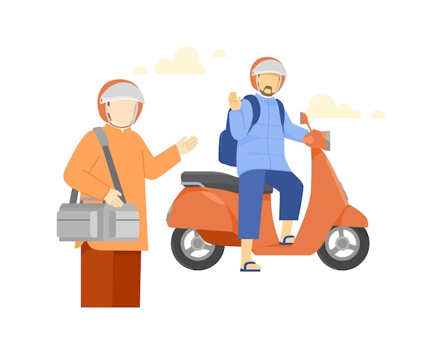 Muslim family going vacation by a motorcyle illustration