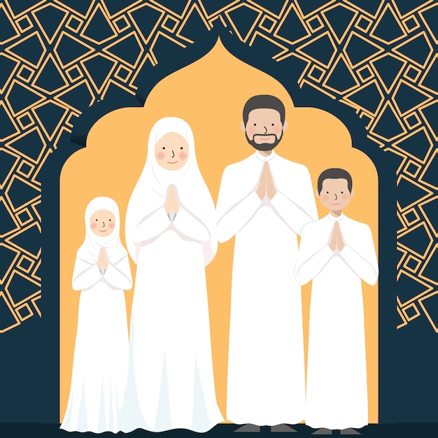 Muslim family greeting with arabic pattern