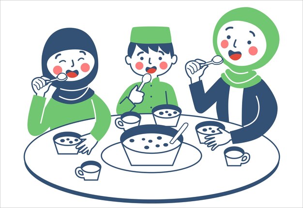 Vector muslim family is eating together at the dining table