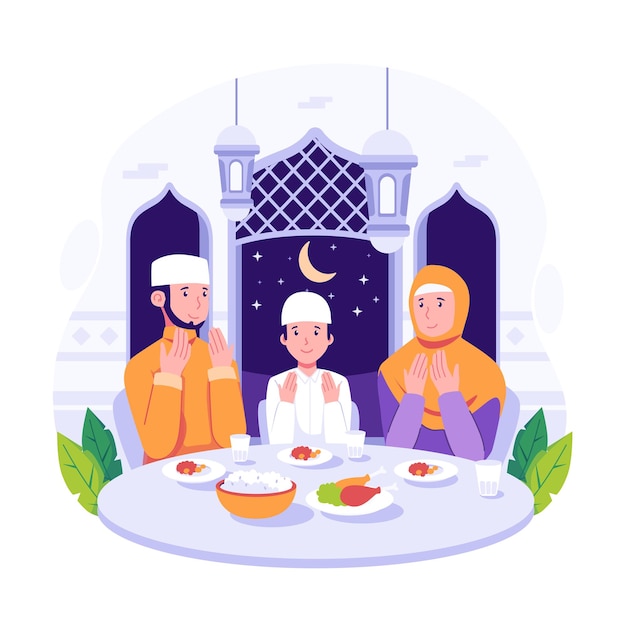 A muslim family is having a meal together.