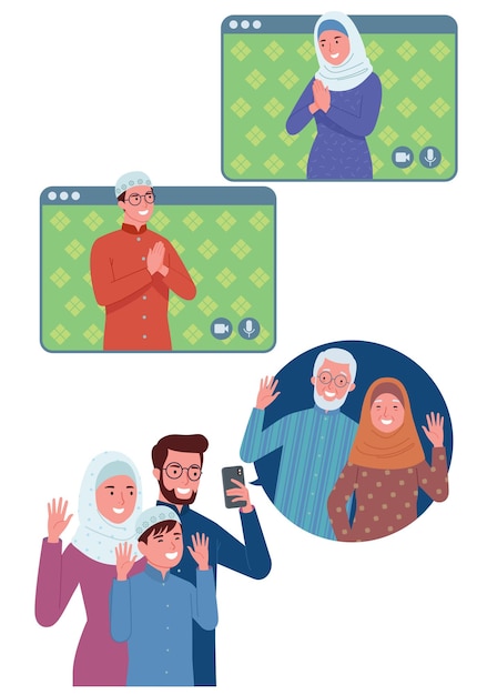 ベクトル ビデオ通話をするイスラム教徒の家族