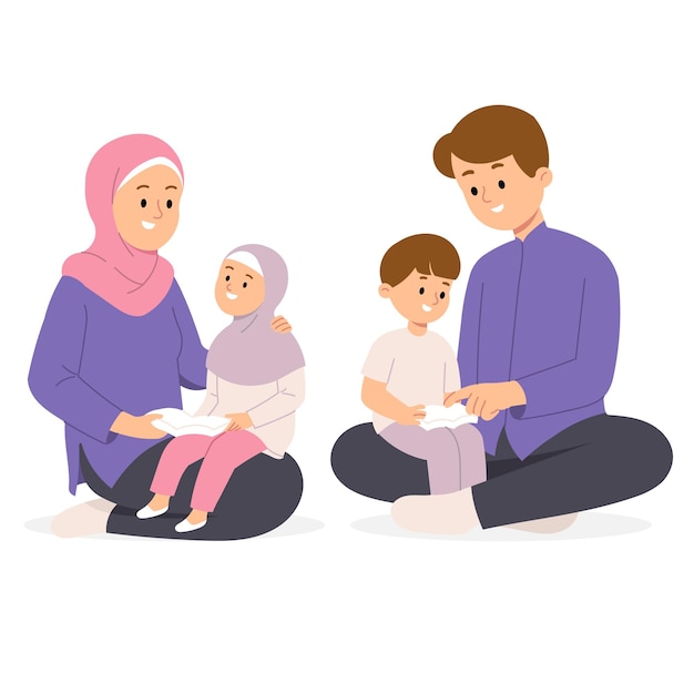 Vector muslim family of mother and father wear hijab teaching children reading holy book quran storytelling in house illustration