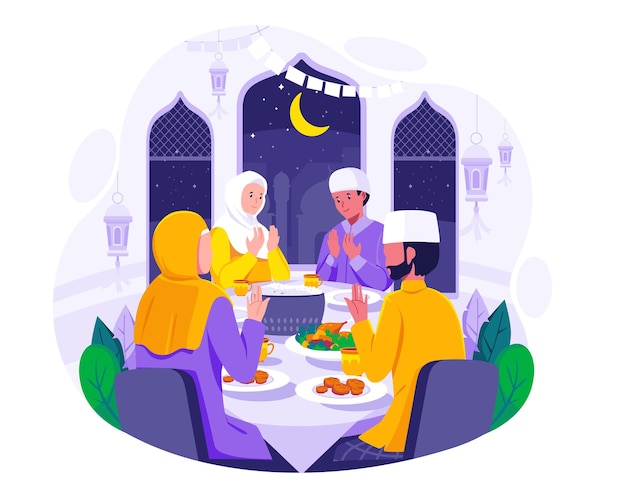 Vettore una famiglia musulmana che prega prima di avere iftar per rompere il digiuno durante l'illustrazione del concetto di ramadan