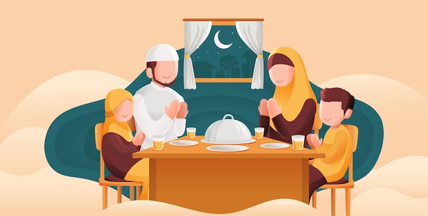 Famiglia musulmana che prega prima di avere iftar o suhoor ramadan kareem cartoon illustrazione