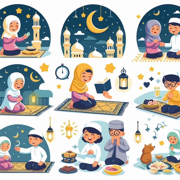 Muslim family praying before having iftar