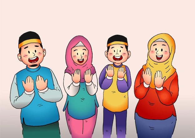 Muslim family praying to God for goodness