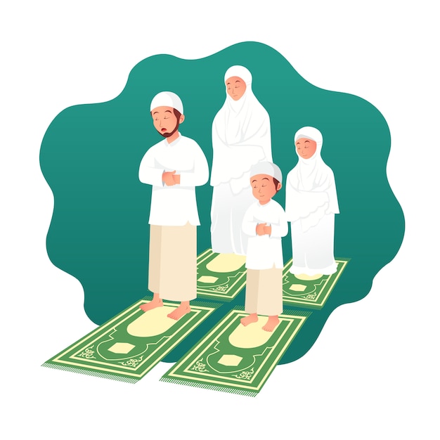 Muslim family praying together. ramadan concept illustration