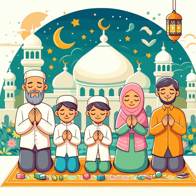 Vector muslim family praying together