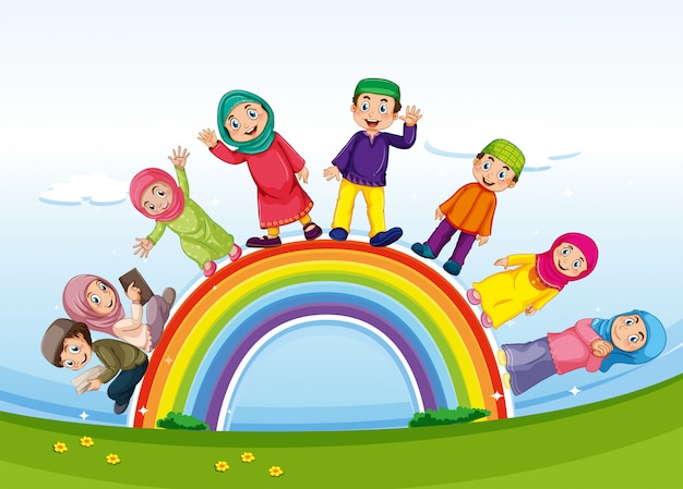 Famiglia musulmana che sta sull'arcobaleno