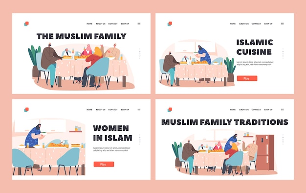 Muslim Family Traditions Landing Page Template Set Traditional Festive Dinner Arab Characters Eat Iftar Sit Together